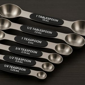 Magnetic Measuring Spoons Set of 8 Double Sided Stainless Steel Spoons for Dry and Liquid Ingredients Stackable Kitchen Tools Black