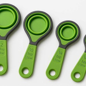 Collapsible Silicone Measuring Spoons Set of 4 Portable Folding Tools with Carved Scales for Camping Kitchen and Small Space Storage Green