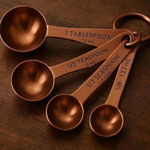 Heavy Duty Copper Finished Measuring Spoons Set of 4 Engraved Metal Spoons with Ring for Elegant Kitchen Decor and Precise Baking