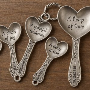Heart Shaped Measuring Spoons Set of 4 Decorative Metal Spoons with Engraved Love Quotes for Wedding Favors and Baking Gifts Silver