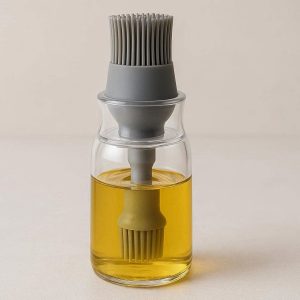Silicone Basting Brush with Glass Oil Dispenser Bottle 2 in 1 Kitchen Tool for Spreading Oil Butter and Sauces Transparent Design