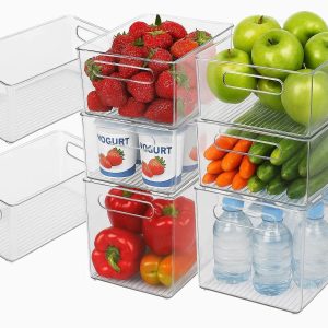 1 Clear Plastic Fridge Organizer Bins Set of 8 Stackable Refrigerator Storage Bins with Handles for Fruit Vegetable Yogurt Pantry Drinks