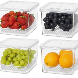 4 Refrigerator Storage Bins with Removable Drain Trays Set of 4 Clear Produce Saver Containers with Lids for Keeping Fruits Fresh