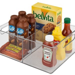 8 Large Fridge Storage Bin with Dividers Clear Plastic Refrigerator Organizer for Packaged Foods Snacks and Condiments with Built in Handles